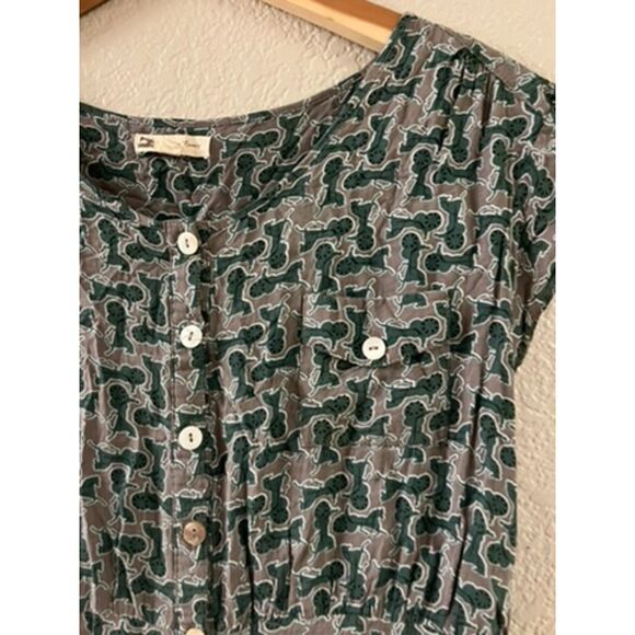 Cotton Candy Button Down Short Sleeved Dress Green Gray Horse & Carriage Large - Picture 2 of 4